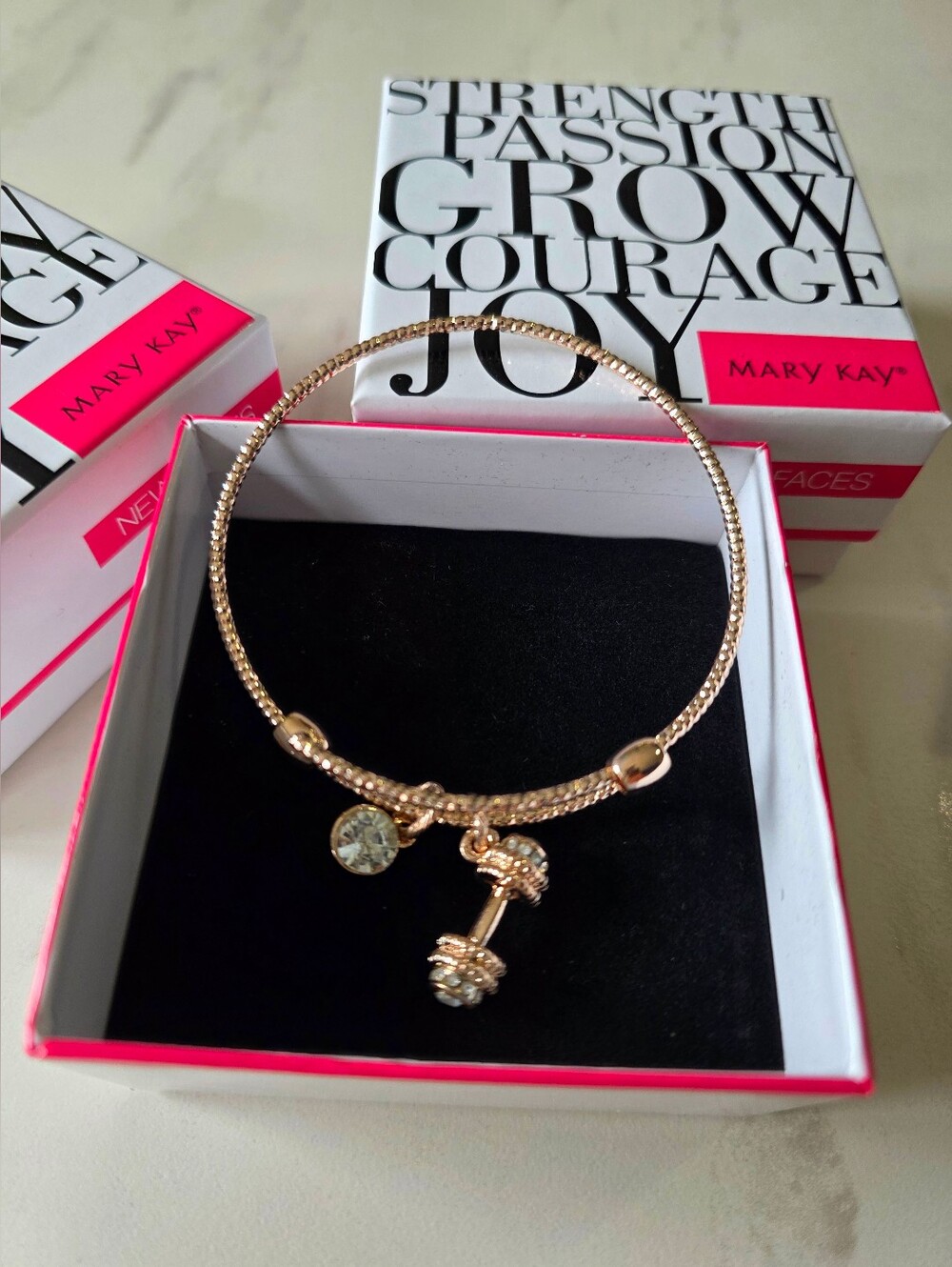 Mary Kay Rose Gold Charm Bangle with Crystal and Dumbbell ! Strenght.